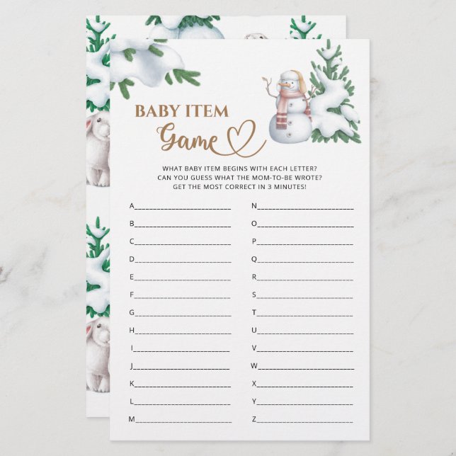 Baby Item Game Winter Baby Shower Game. (Vorne/Hinten)