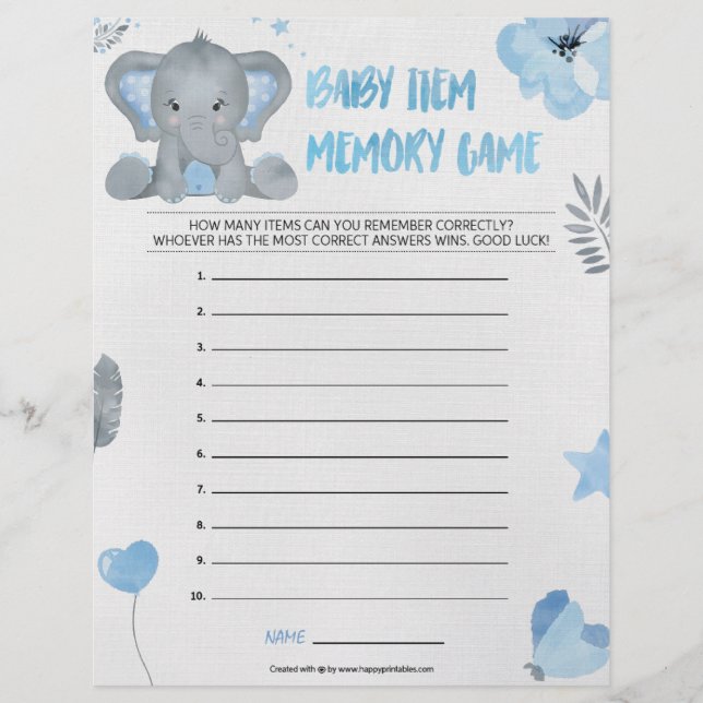 Baby Item Memory Game [Baby Elephant [blau] Briefbogen (Vorderseite)
