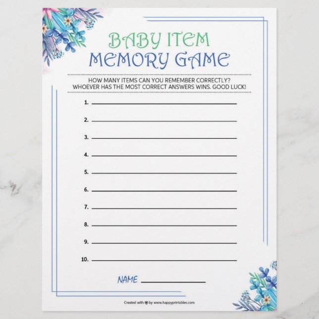 Baby Item Memory Game [Blue Floral] Briefbogen (Vorderseite)