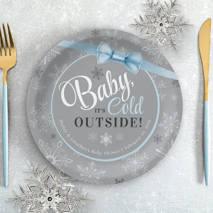Baby It's Cold Blue & Gray Snowflake Boy Dusche Pappteller