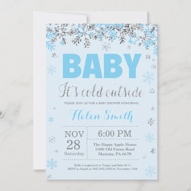 Baby its Cold Outdoor Blue Silver Boy Baby Shower Einladung (Vorderseite)