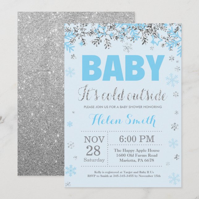 Baby its Cold Outdoor Blue Silver Boy Baby Shower Einladung (Vorne/Hinten)