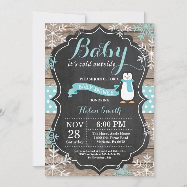 Baby its Cold Outdoor Pinguin Aqua Baby Shower Einladung (Vorderseite)