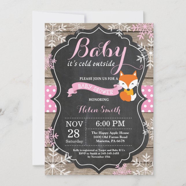 Baby its Cold Outdoor Pink Fox Girl Baby Shower Einladung (Vorderseite)