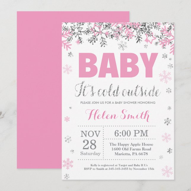 Baby its Cold Outdoor Pink Silver Girl Baby Shower Einladung (Vorne/Hinten)