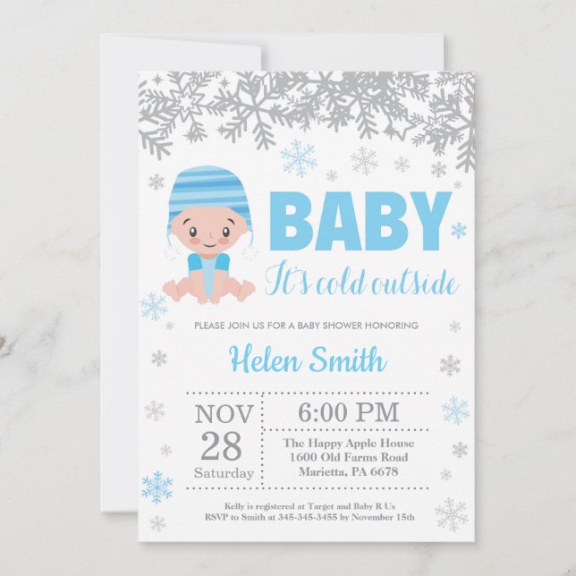 Baby its Cold Outdoor Winter Blue Boy Baby Shower Einladung (Vorderseite)