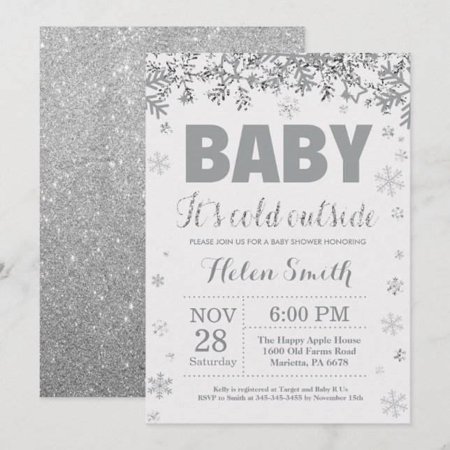 Baby its Cold Outdoorsilber and Gray Baby Shower Einladung (Vorne/Hinten)