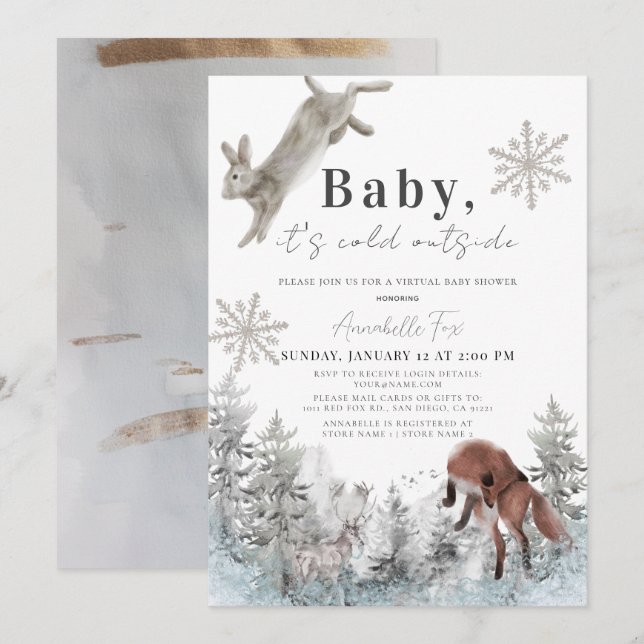 Baby It's Cold Outside Animals Virtual Baby Dusche Einladung (Vorne/Hinten)