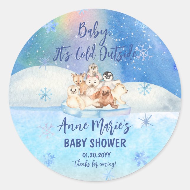 Baby It's Cold Outside Arctic Animals Baby Shower Runder Aufkleber (Vorderseite)