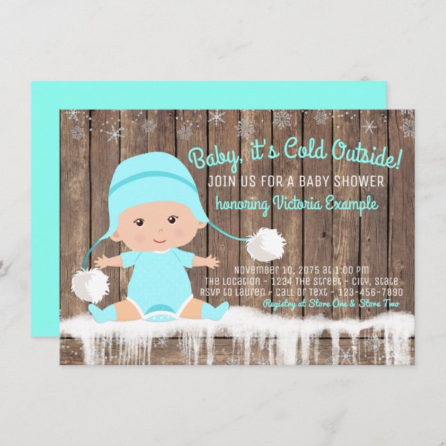 Baby its Cold Outside Baby Dusche Aquamarin Blue Einladung (Vorne/Hinten)