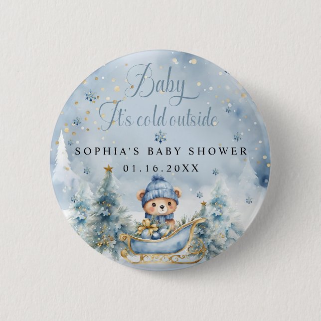 Baby It's Cold Outside Baby Shower Boy Favors Button (Vorderseite)