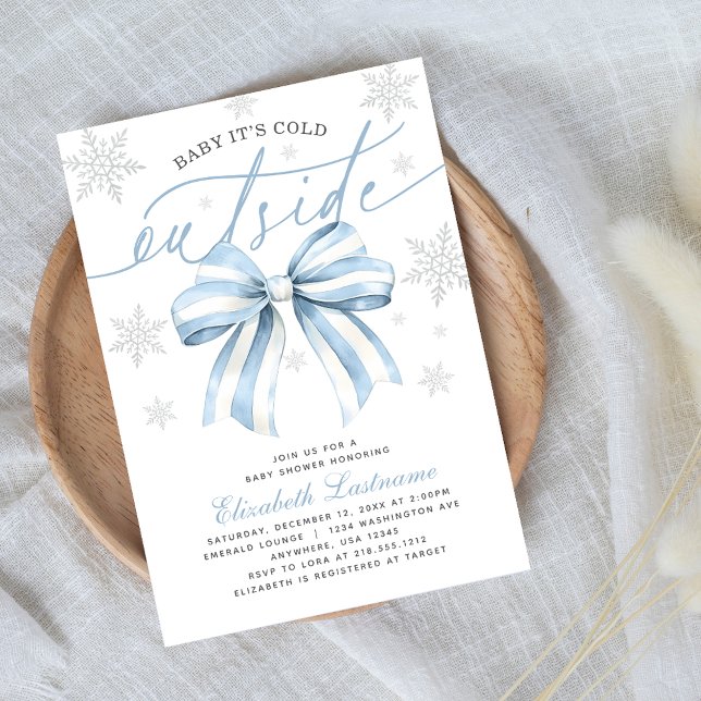 Baby It's Cold Outside Blue Bow Winter Baby Dusche Einladung (Celebrate in winter style with our Pink Bow “Baby It’s Cold Outside” Baby Shower Invitation.)