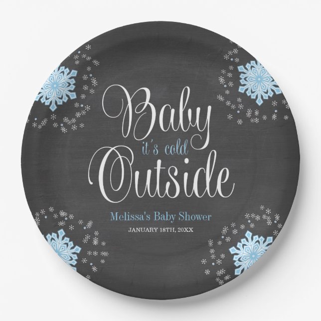 Baby It's Cold Outside Blue Snowflakes Baby Dusche Pappteller (Vorderseite)