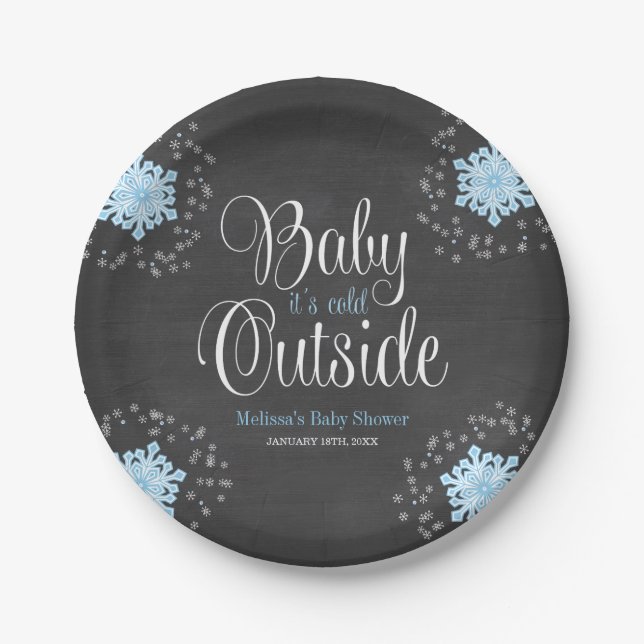 Baby It's Cold Outside Blue Snowflakes Baby Dusche Pappteller (Vorderseite)