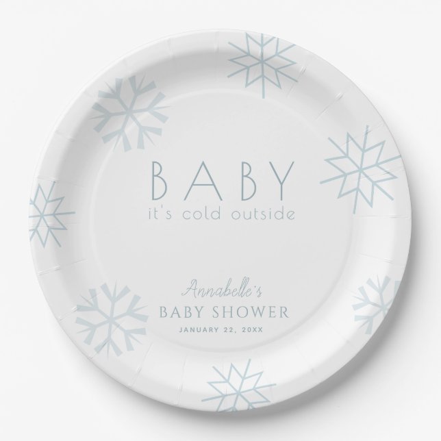 Baby It's Cold Outside Blue Snowflakes Baby Dusche Pappteller (Vorderseite)
