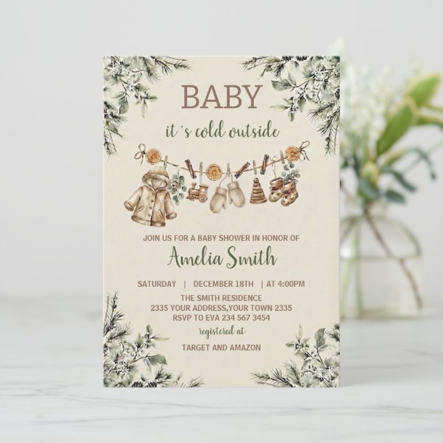 Baby Its Cold Outside Clothest Line Baby Shower Einladung (Stehend Vorderseite)