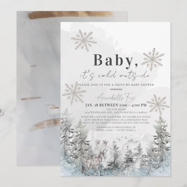 Baby It's Cold Outside Forest Drive-by Baby Shower Einladung (Vorne/Hinten)