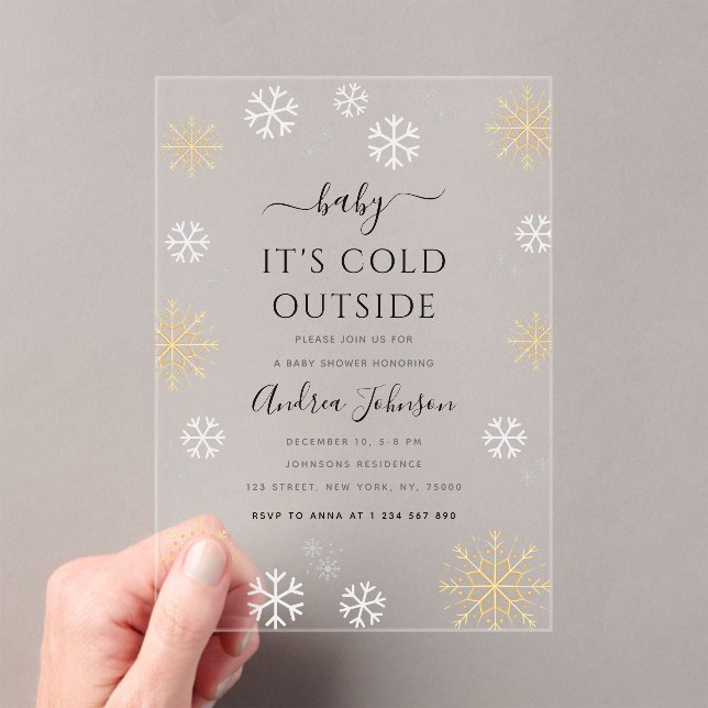 Baby It's Cold Outside Gold Snowflake Baby Shower Acryleinladungen (Insitu (Handheld))