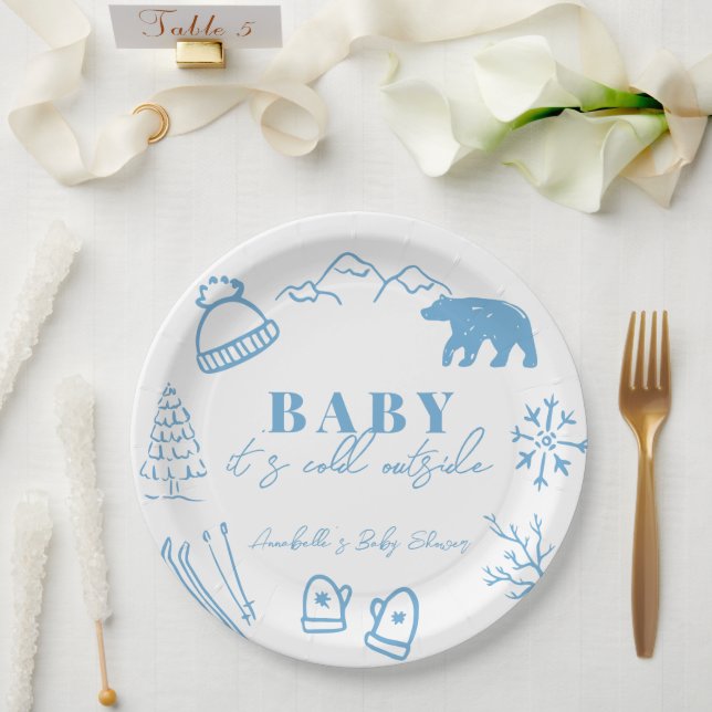 Baby It's Cold Outside Hand-drawn Blue Baby Shower Pappteller (Hochzeit)