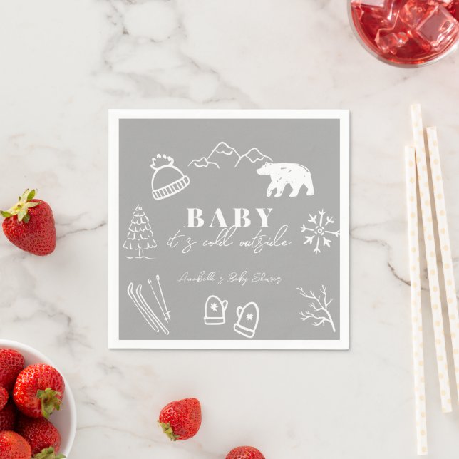 Baby It's Cold Outside Hand-drawn Gray Baby Shower Serviette (Beispiel)