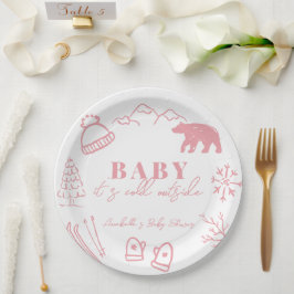 Baby It's Cold Outside Hand-drawn Pink Baby Shower Pappteller