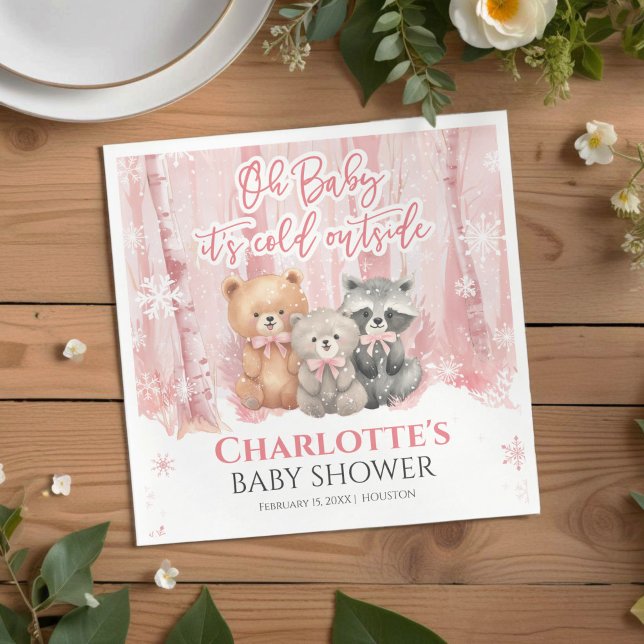 Baby it's cold outside Pink Forest Baby Shower  Serviette (Von Creator hochgeladen)