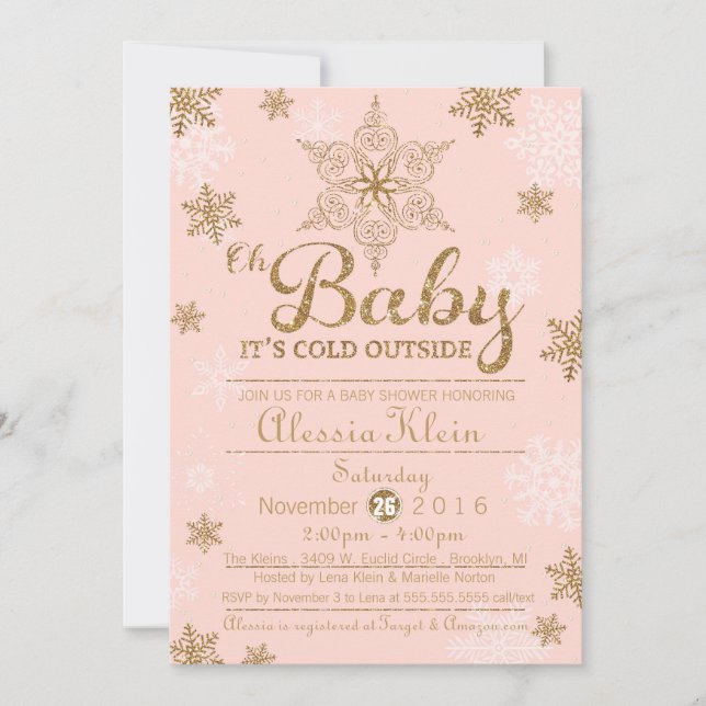 Baby It's Cold Outside, Pink & Gold Baby Dusche Einladung (Vorderseite)