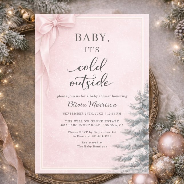 Baby It's Cold Outside Rosa Schleife Baby-Party Einladung (Von Creator hochgeladen)