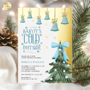 Baby It's Cold Outside Winter Blue Bow Baby Shower Folieneinladung