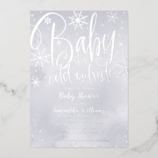 Baby It's Cold Outside Winter Gray Baby Shower Foi Folieneinladung (Vorderseite)