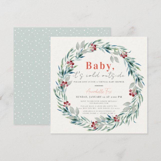 Baby It's Cold Outside Wreath Virtual Baby Shower Einladung (Vorne/Hinten)