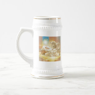 Baby-Jesus-Geburt Christi mit Lämmern und Esel Bierglas