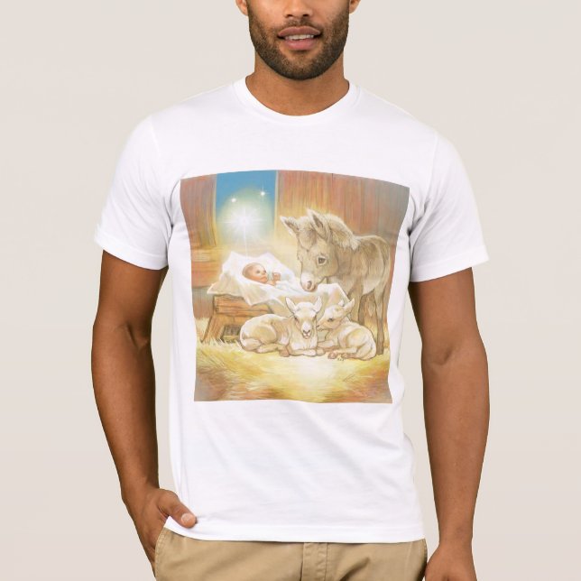 Baby-Jesus-Geburt Christi mit Lämmern und Esel T-Shirt (Vorderseite)