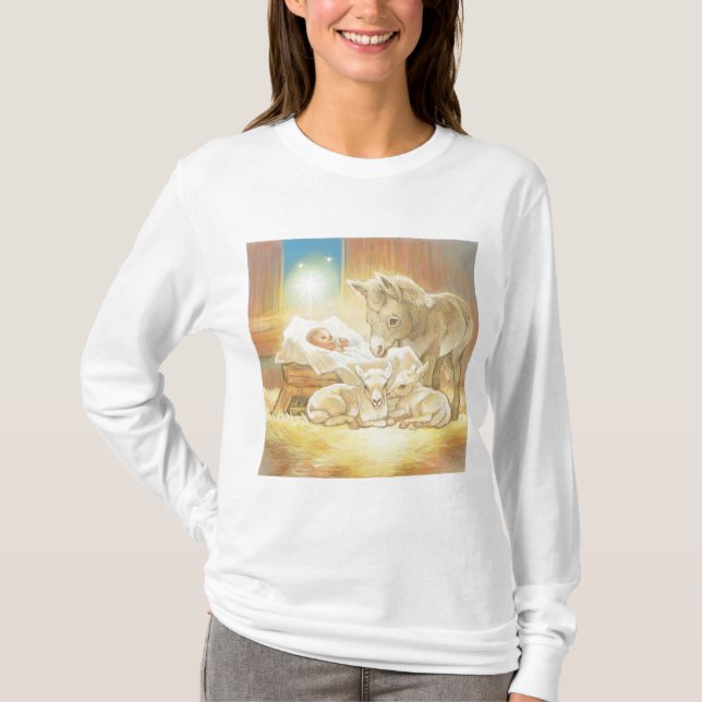 Baby-Jesus-Geburt Christi mit Lämmern und Esel T-Shirt (Vorderseite)