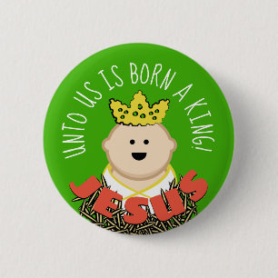Baby Jesus im Heu mit Königskrone Button