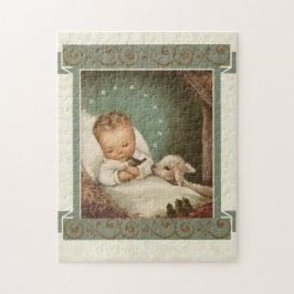 Baby Jesus in der Krippe mit Lamm u. Vogel Puzzle