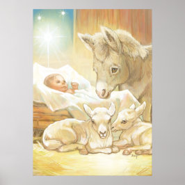 Baby Jesus Krippe mit Lämmern und Esel Poster