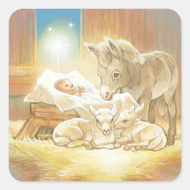 Baby Jesus Krippe mit Lämmern und Esel Quadratischer Aufkleber (Vorderseite)