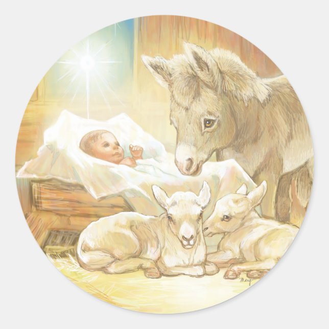Baby Jesus Krippe mit Lämmern und Esel Runder Aufkleber (Vorderseite)