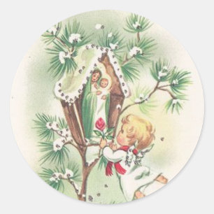 Baby Jesus Manger Christmas Bells Ribbon Runder Aufkleber