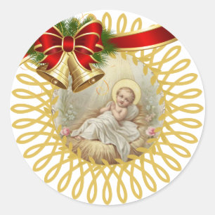 Baby Jesus Manger Christmas Bells Ribbon Runder Aufkleber