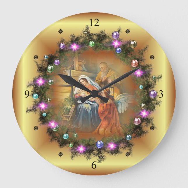 Baby Jesus, Mary & Joseph~The Heilige Familie~Ange Große Wanduhr (Vorderseite)