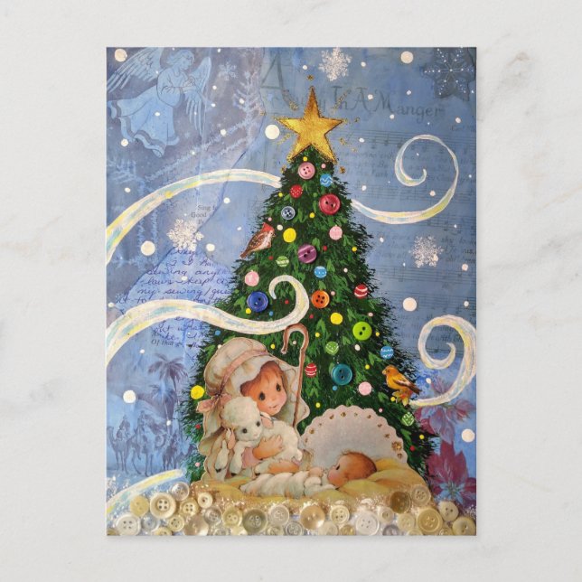 Baby Jesus Postcard mit Weihnachtsbaum Postkarte (Vorderseite)