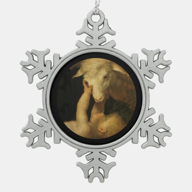 Baby Jesus Touchs Gesicht des Lammes Schneeflocken Zinn-Ornament (Vorderseite)