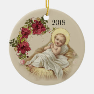 Baby-Jesus-WeihnachtsblumenKranz Keramik Ornament