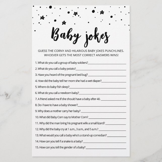 Baby Jokes Baby Shower Spiel mit Antworten (Vorderseite)