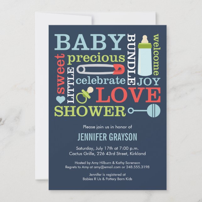 Baby Jumble Baby Shower Einladung in Navy (Vorderseite)