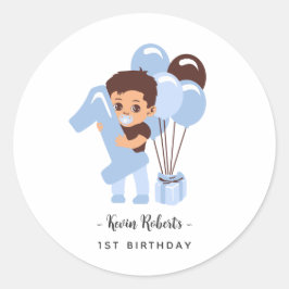 Baby Junge 1. Geburtstag Blaues Luftballon Runder Aufkleber