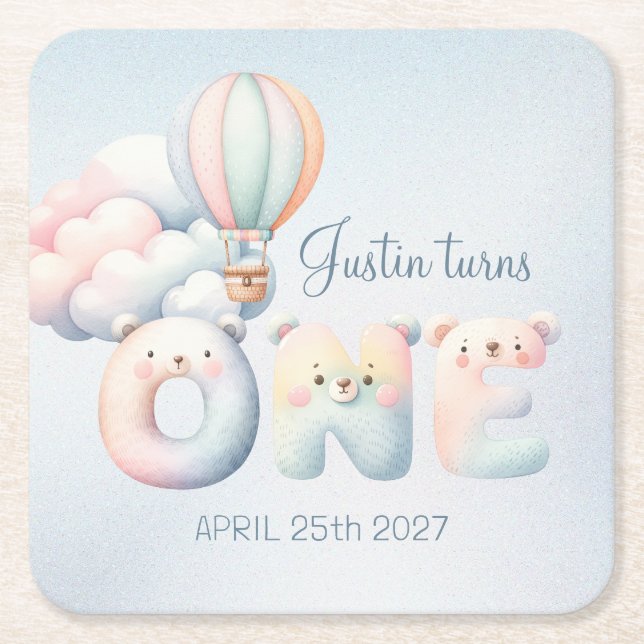Baby Junge 1. Geburtstag Teddybär Heißluftballon Rechteckiger Pappuntersetzer (Vorderseite)