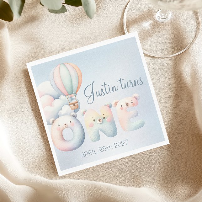 Baby Junge 1. Geburtstag Teddybär Heißluftballon Serviette (Von Creator hochgeladen)